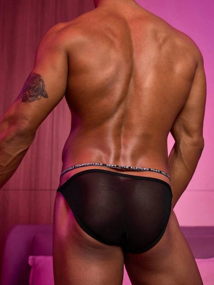MAD-MEN Men's Letter Print Contrast Mesh Sexy Briefs Underwear